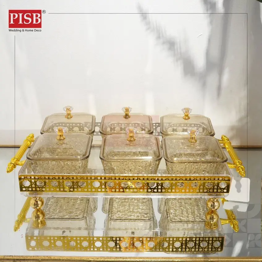1098-99 Acrylic Pattern Tray With Golden Handle Serving Tray Display Tray Dulang Hantaran Perkahwinan Wedding Gift Tray - Image 2