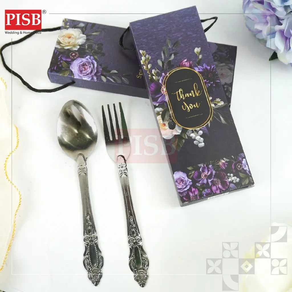 0482(20Pcs/Bundle)Flower Printed Spoon Fork Tasbih Souvenir Door Gift Set With Handle Sudu Garfu Tasbih Wedding Doorgift - Image 4