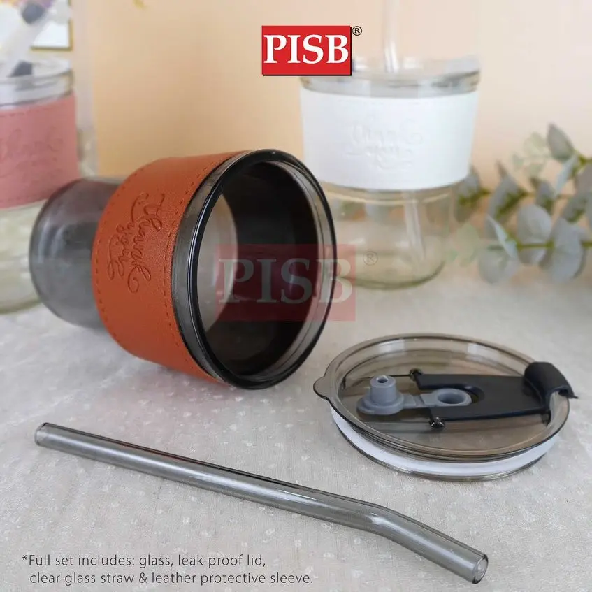 2129 Straw Mug Glass Heat Cold Resistant Water Bottle Viral Transparent Travel Mug Leather Coffee Glass Doorgift Cawan - Image 4