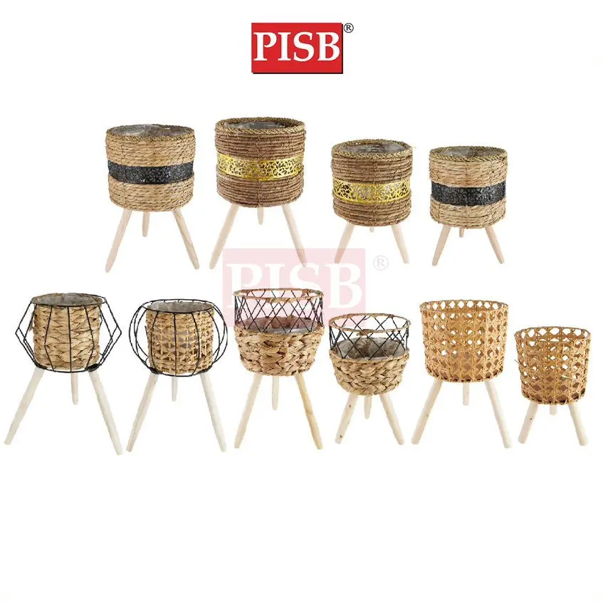 1079-1084 Rattan Basket With Wooden Stand Bakul Rotan Berkaki Pasu Pokok Hiasan Viral Rattan Flower Pot Home Decor