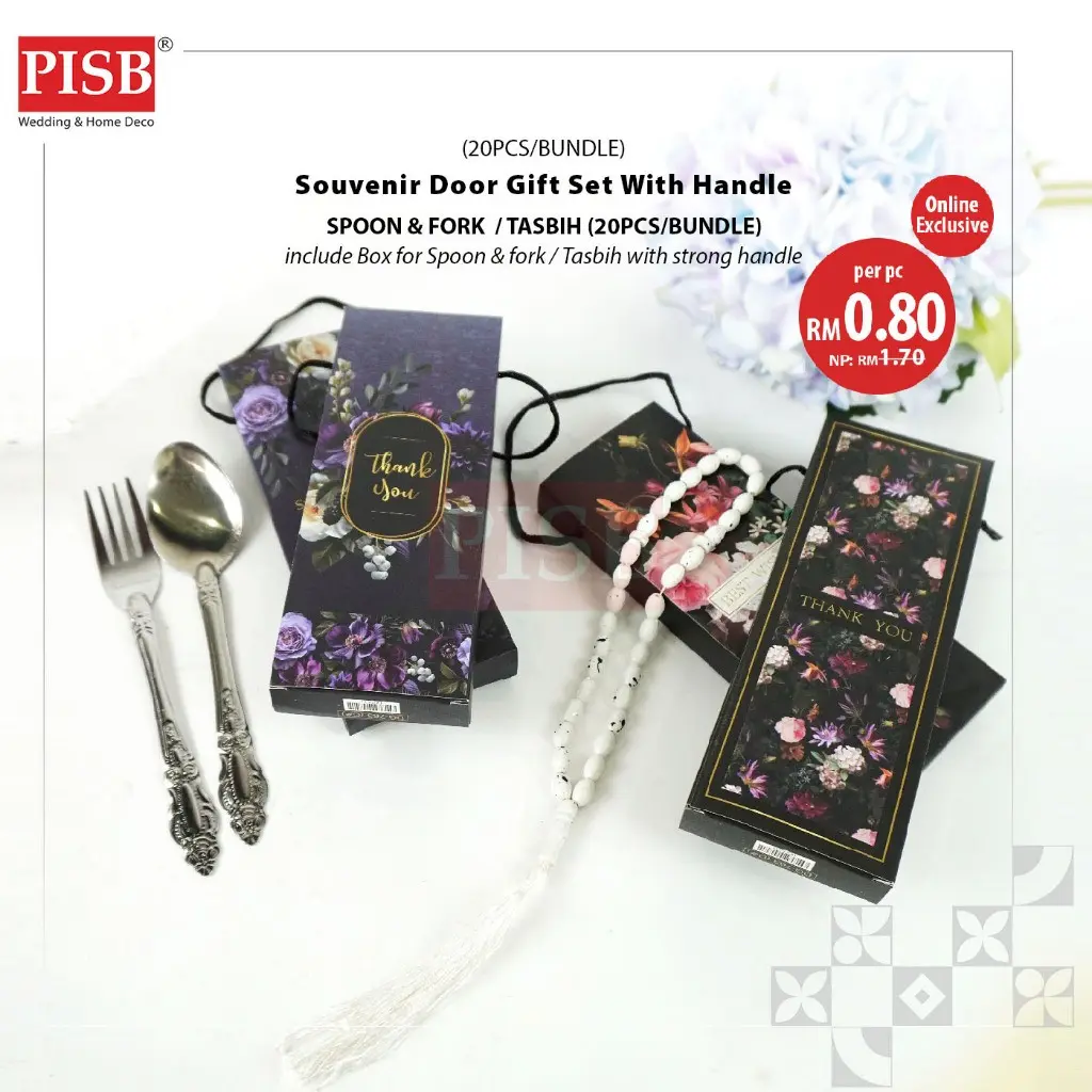 0482(20Pcs/Bundle)Flower Printed Spoon Fork Tasbih Souvenir Door Gift Set With Handle Sudu Garfu Tasbih Wedding Doorgift