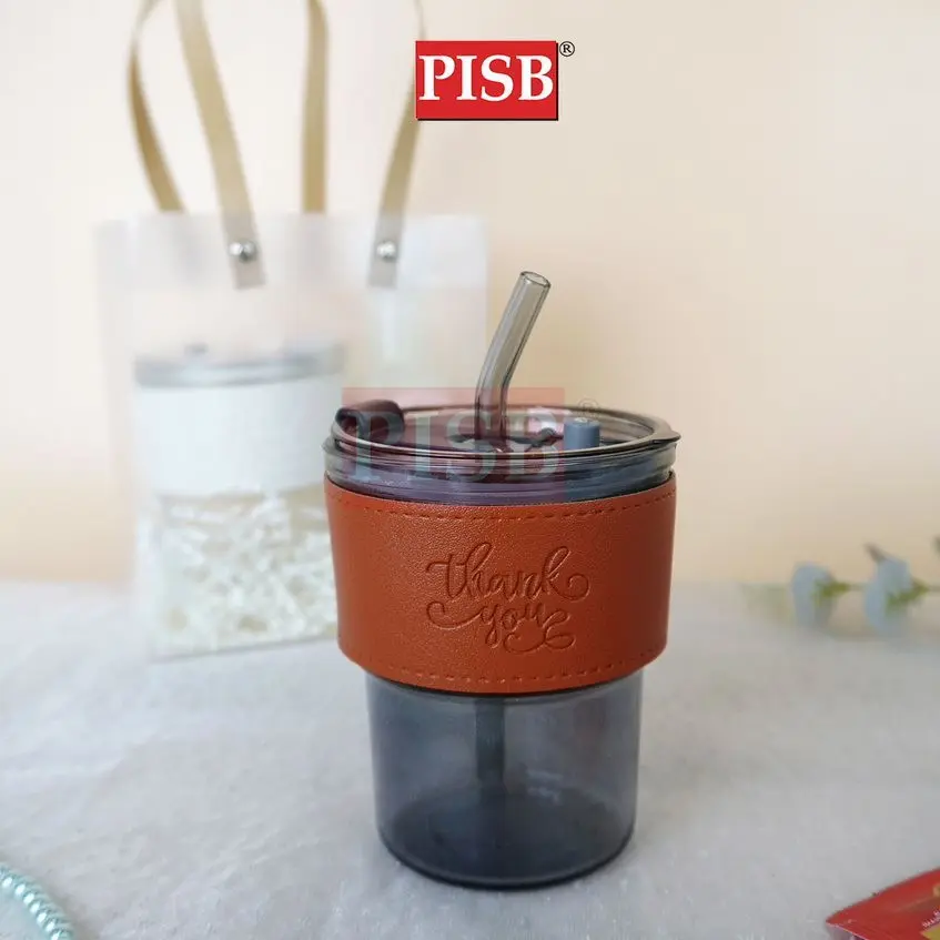 2129 Straw Mug Glass Heat Cold Resistant Water Bottle Viral Transparent Travel Mug Leather Coffee Glass Doorgift Cawan - Image 9
