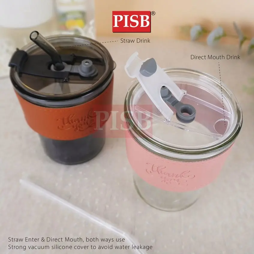 2129 Straw Mug Glass Heat Cold Resistant Water Bottle Viral Transparent Travel Mug Leather Coffee Glass Doorgift Cawan - Image 3