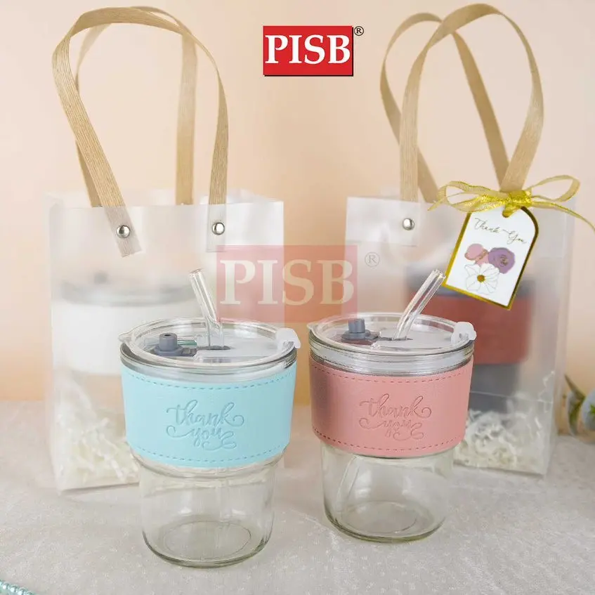 2129 Straw Mug Glass Heat Cold Resistant Water Bottle Viral Transparent Travel Mug Leather Coffee Glass Doorgift Cawan - Image 8
