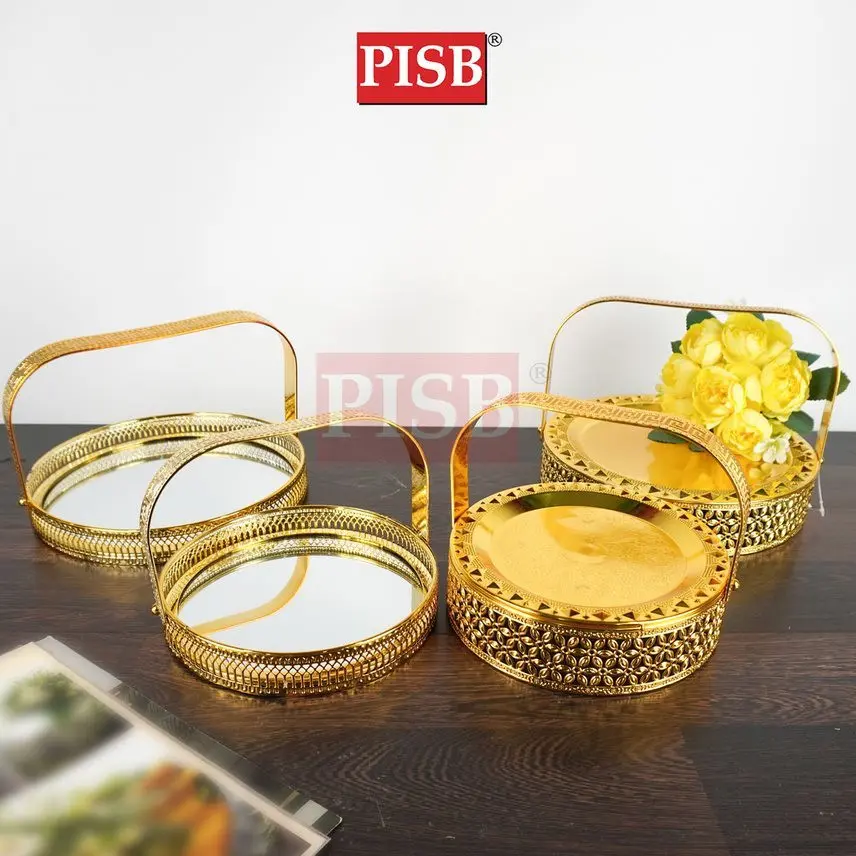 2287/88 Golden Iron Mirrored Basket With Handle - Image 3