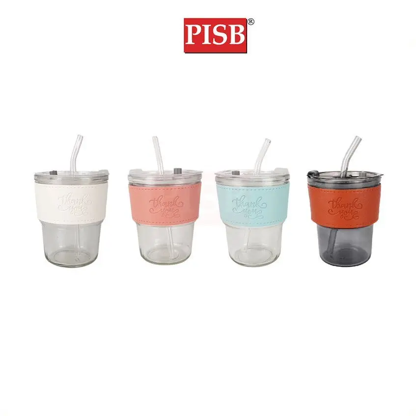 2129 Straw Mug Glass Heat Cold Resistant Water Bottle Viral Transparent Travel Mug Leather Coffee Glass Doorgift Cawan - Image 2