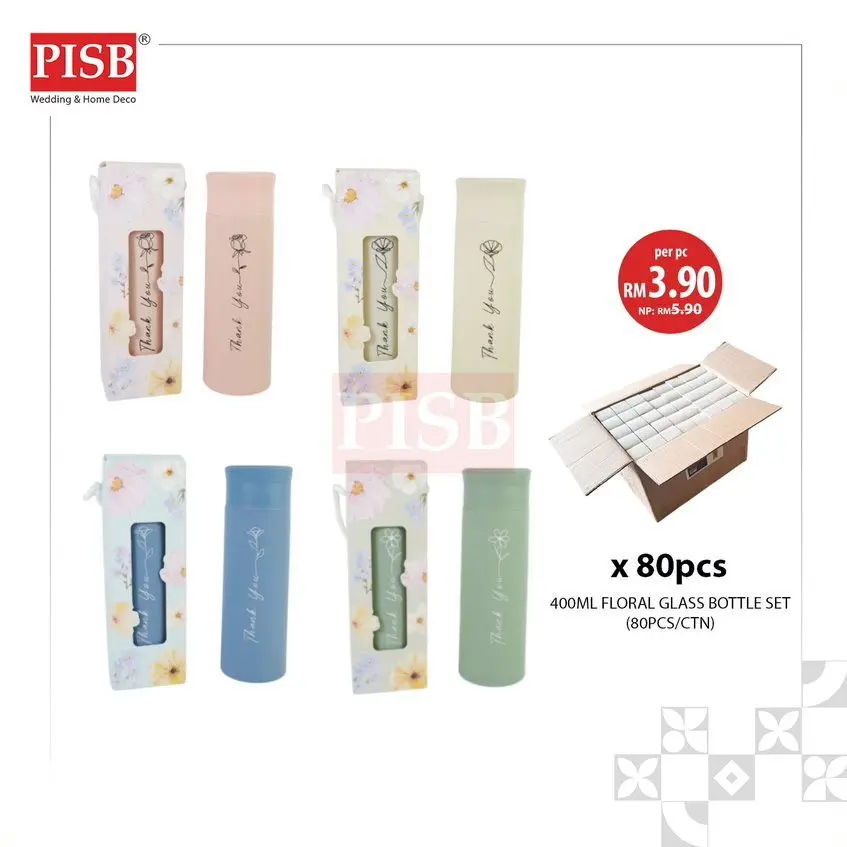 2145 (80Pcs/Ctn) Floral Glass Bottle Set Hot Cold Portable Water Bottle Tumbler Travel Glass Bottle Doorgift Botol Air - Image 2