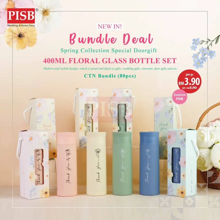 2145 (80Pcs/Ctn) Floral Glass Bottle Set Hot Cold Portable Water Bottle Tumbler Travel Glass Bottle Doorgift Botol Air