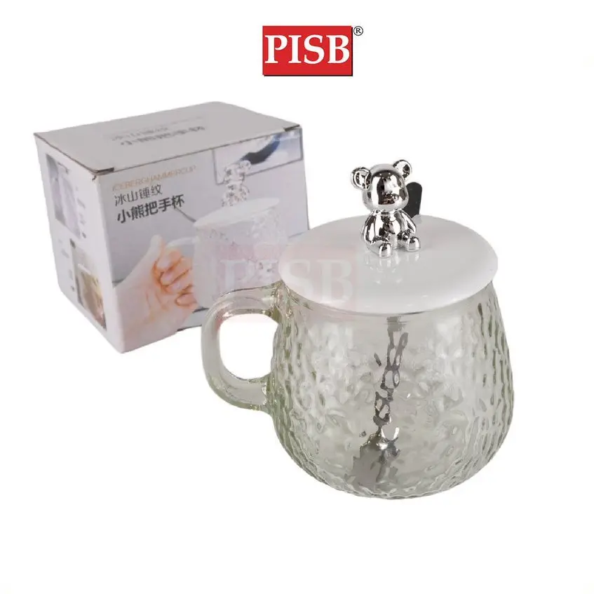 2130 (60Pcs/Ctn) Cute Ins Style Bear Glass Mug With Lid Office Water Cups Coffee Tea Mug Modern Doorgift Cawan Gelas Mug - Image 3