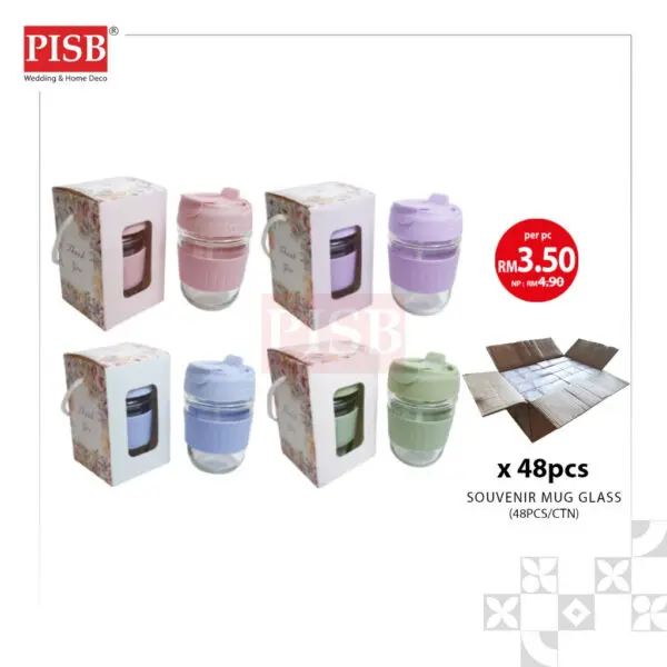 2146 (48Pcs/Ctn) Souvenir Mug Glass Portable Macaron Water Drinking Cup Travel Dual Straw Mug Bottle Doorgift Mug Cawan