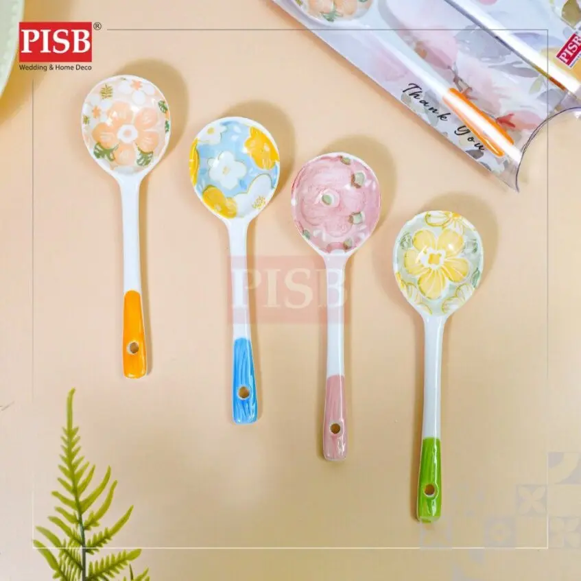 2143 (20Pcs/Box) Souvenir Flower Design Ceramic Spoon With PVC Box Doorgift Sudu Seramik Wedding Gift Spoon (Mix Colour) - Image 5