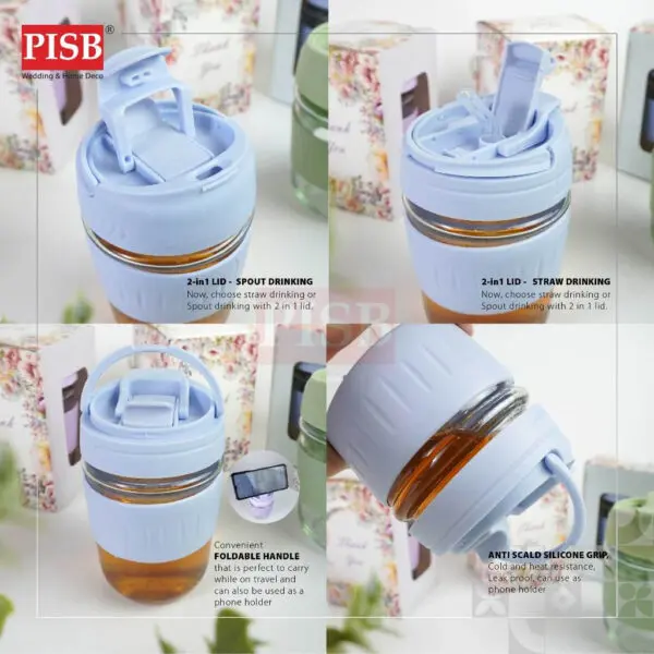 2146 (1Pcs) Souvenir Mug Glass Portable Macaron Water Drinking Cup Travel Dual Straw Mug Bottle Doorgift Mug Cawan Gelas