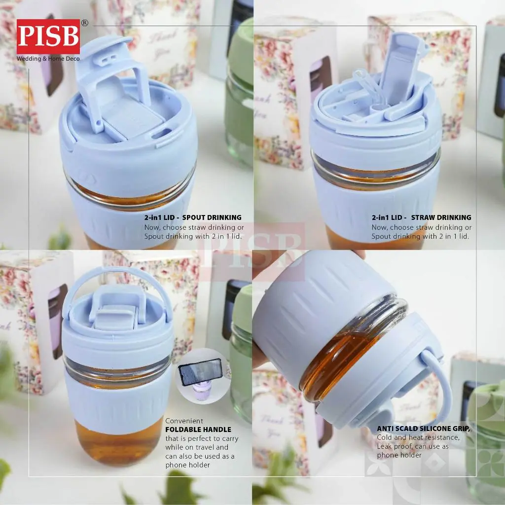 2146 (1Pcs) Souvenir Mug Glass Portable Macaron Water Drinking Cup Travel Dual Straw Mug Bottle Doorgift Mug Cawan Gelas - Image 8