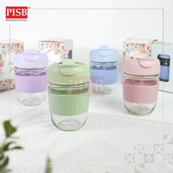 2146 (1Pcs) Souvenir Mug Glass Portable Macaron Water Drinking Cup Travel Dual Straw Mug Bottle Doorgift Mug Cawan Gelas