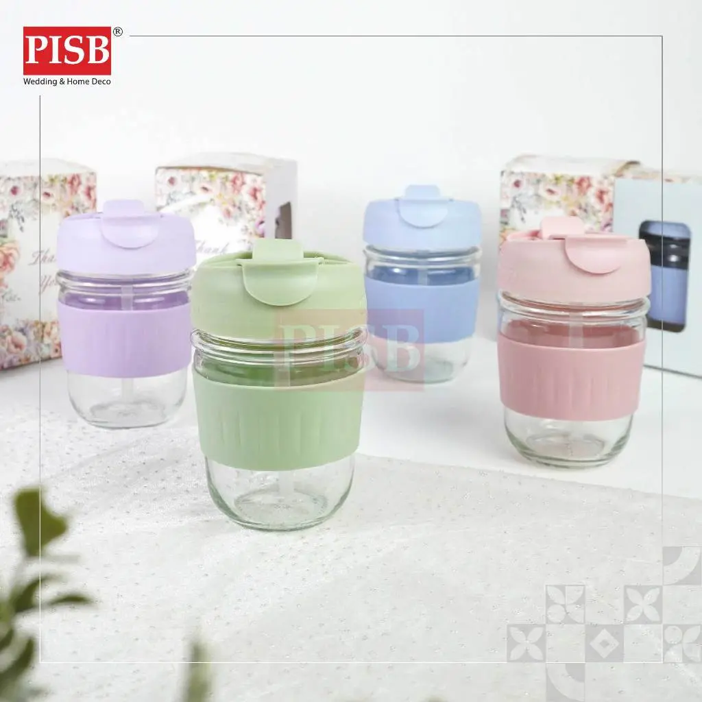 2146 (1Pcs) Souvenir Mug Glass Portable Macaron Water Drinking Cup Travel Dual Straw Mug Bottle Doorgift Mug Cawan Gelas - Image 7