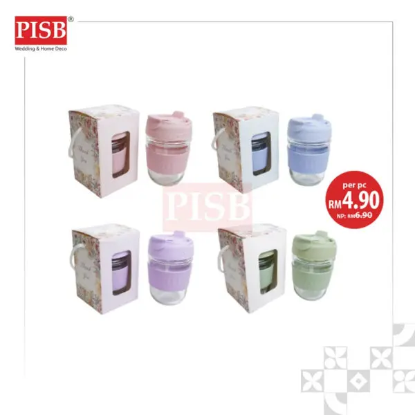 2146 (1Pcs) Souvenir Mug Glass Portable Macaron Water Drinking Cup Travel Dual Straw Mug Bottle Doorgift Mug Cawan Gelas
