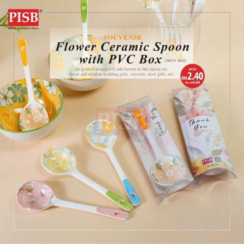 2143 (20Pcs/Box) Souvenir Flower Design Ceramic Spoon With PVC Box Doorgift Sudu Seramik Wedding Gift Spoon (Mix Colour)