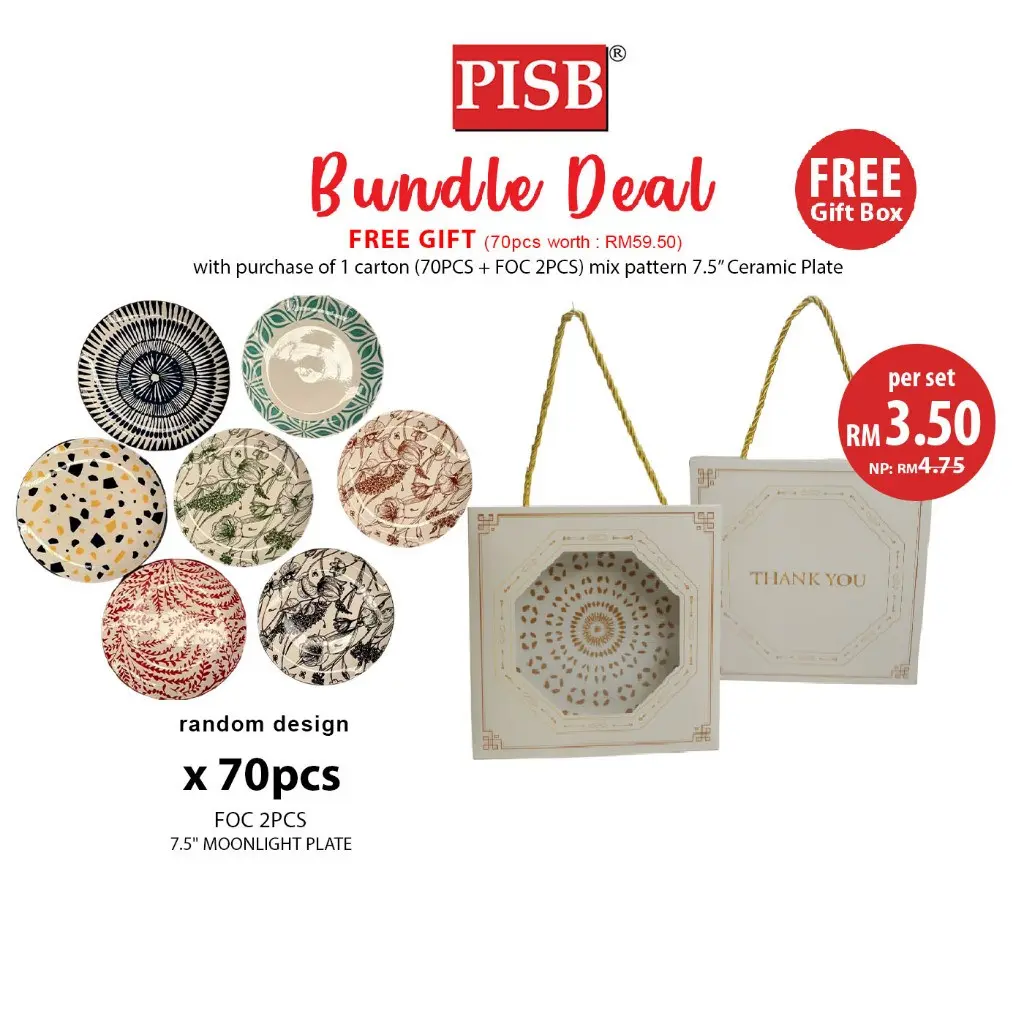 0912 (70Pcs/Ctn + 2Pcs FOC) Bundle Deal 7.5" Ceramic Moonlight Plate / Set Doorgift Souvenir Pinggan Piring Murah