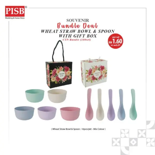 2402 (100Set) Bundle Deal Wheat Straw Bowl And Spoon With Gift Box Doorgift Souvenir Mangkuk Dan Sudu (Mix Colour)
