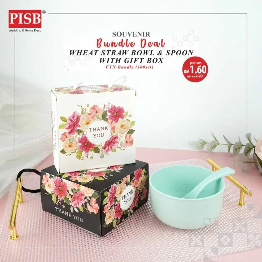 2402 (100Set) Bundle Deal Wheat Straw Bowl And Spoon With Gift Box Doorgift Souvenir Mangkuk Dan Sudu (Mix Colour)