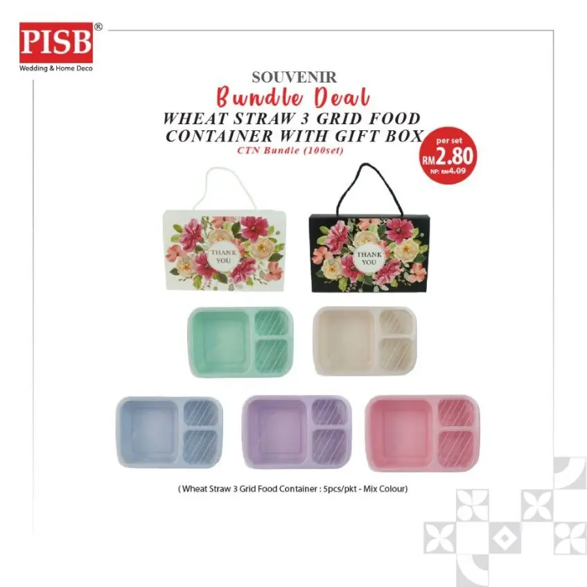 2401 (100Set) Bundle Deal Wheat Straw Food Container Lunch Box With GiftBox Doorgift Souvenir Bekas Makanan (Mix Colour) - Image 2