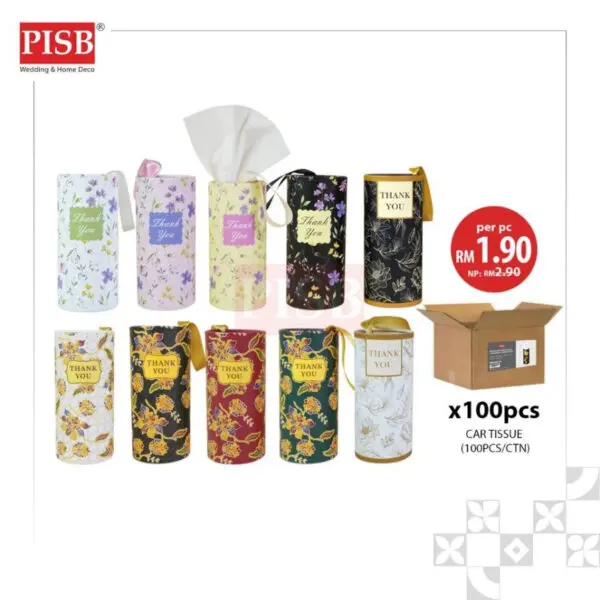 2148(100Pcs/Ctn)Souvenir Floral Batik Car Tissue Facial Tissue Cylinder Tissue Box Tisu Kereta Tisu Kotak Doorgift Tisu