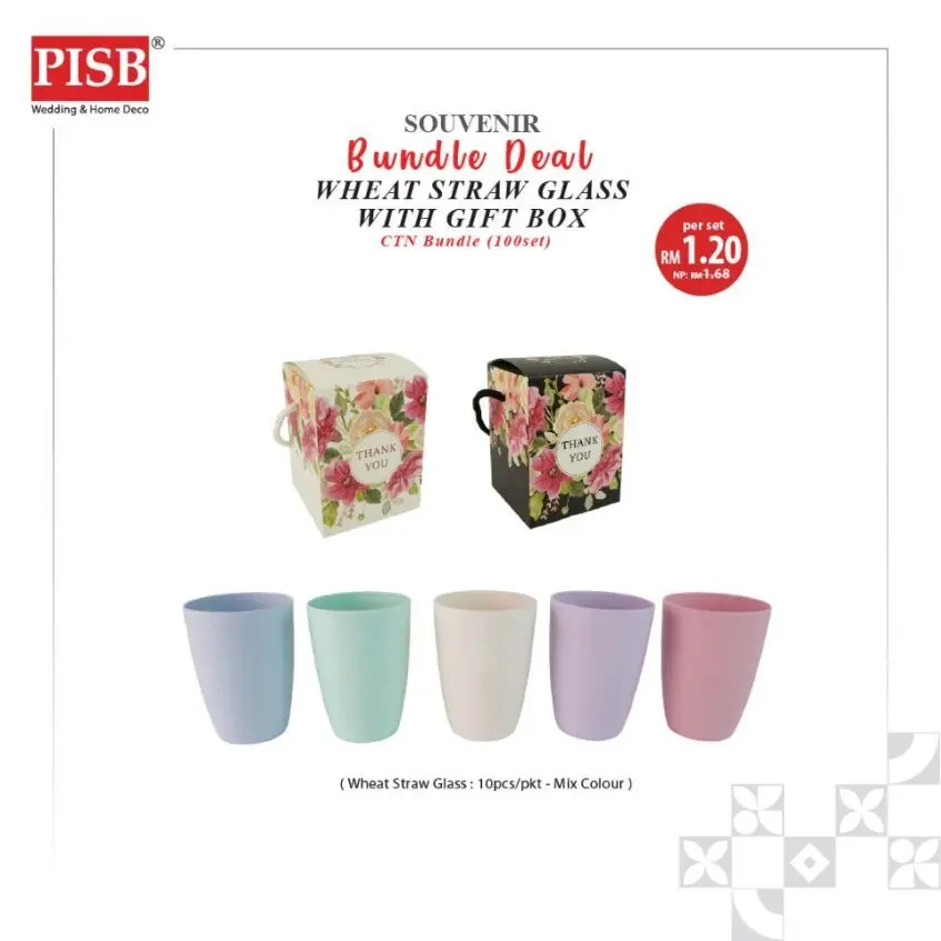 2404 (100Set) Bundle Deal Wheat Straw Glass Cup With Gift Box Doorgift Souvenir Cawan Gelas (Mix Colour) - Image 2