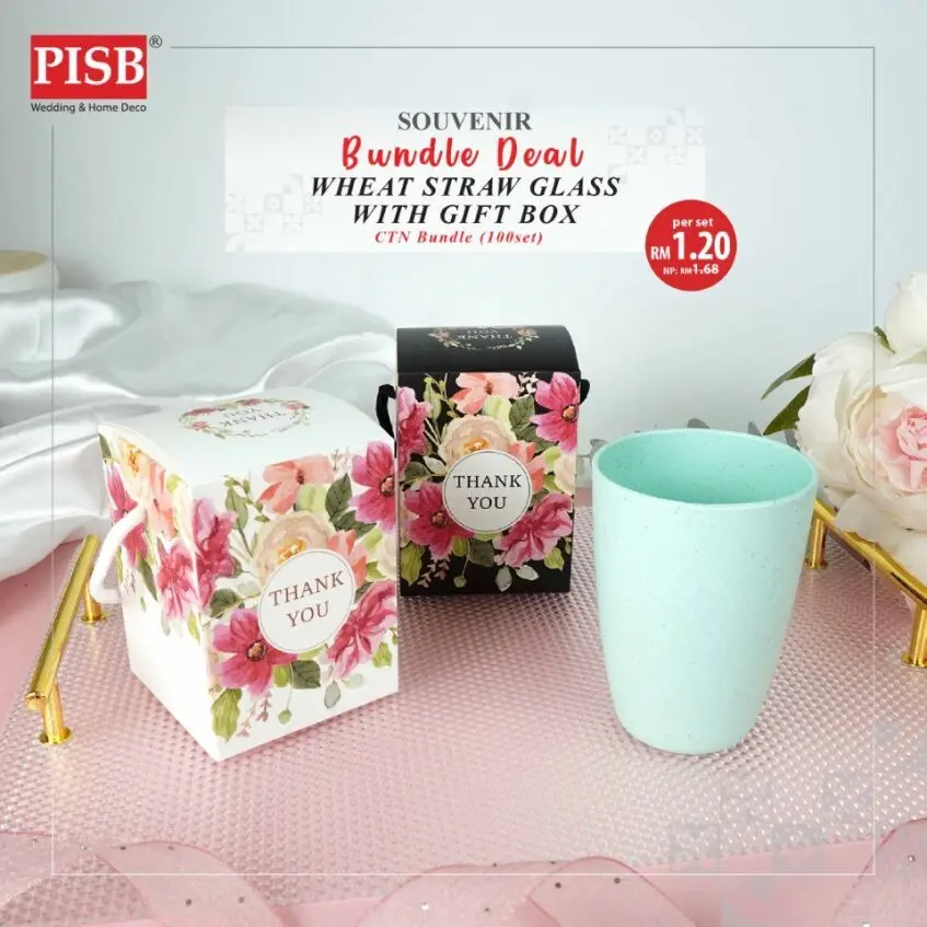 2404 (100Set) Bundle Deal Wheat Straw Glass Cup With Gift Box Doorgift Souvenir Cawan Gelas (Mix Colour)