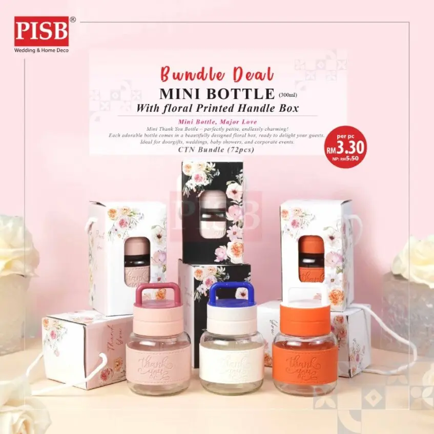 2147 (72Pcs/Ctn) 300ML Mini Bottle Souvenir With Floral Printed Handle Box Doorgift Mini Botol Cawan Air Bekas Kaca Mini