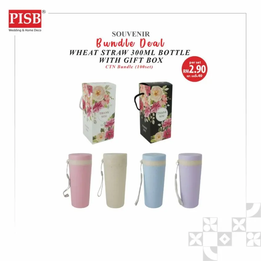 2408 (100Set) Bundle Deal Wheat Straw Water Bottle Tumbler With Gift Box Doorgift Souvenir Botol Air - Image 2