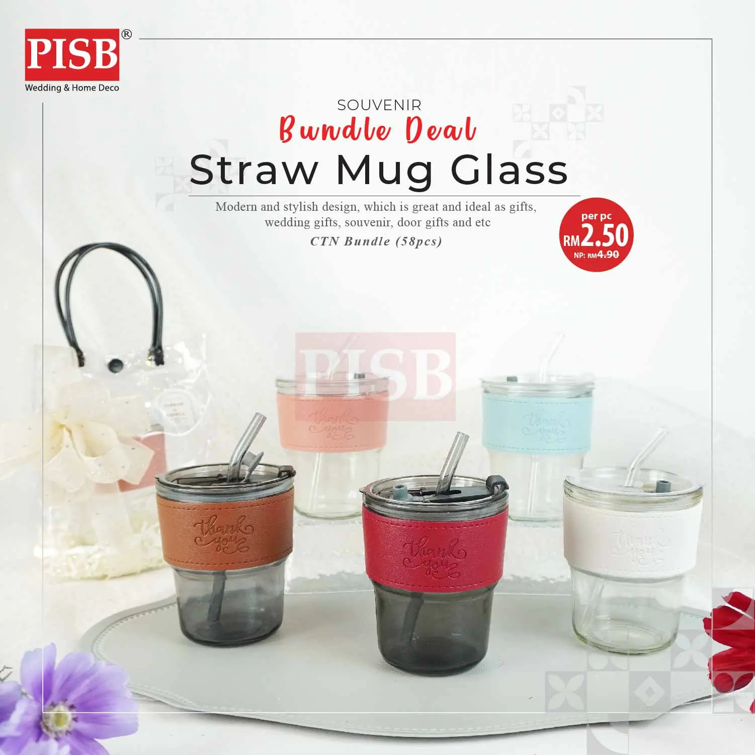 2129(58Pcs/Ctn)Straw Mug Glass Heat Cold Resistant Water Bottle Viral Transparent Travel Mug Coffee Glass Doorgift Cawan