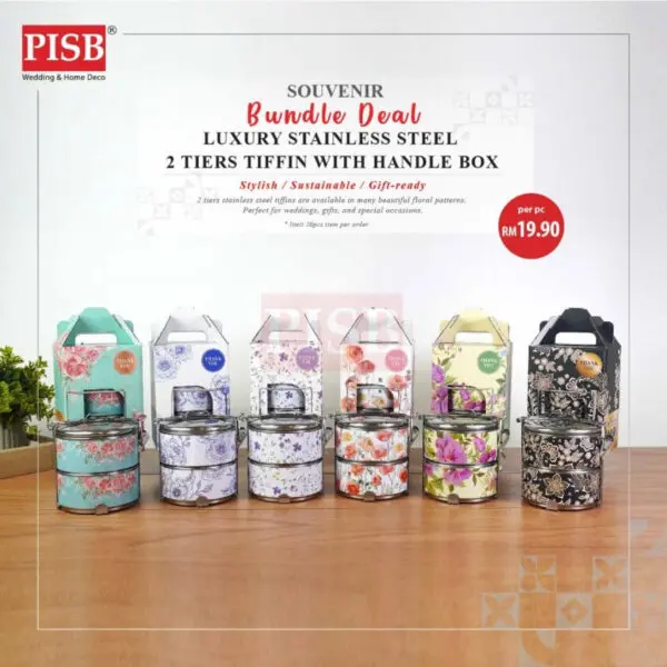 2151 Luxury Stainless Steel 2-Tiers Tiffin Lunch Box Container Doorgift Souvenir Mangkuk Tingkat Bekas Makanan Serbaguna