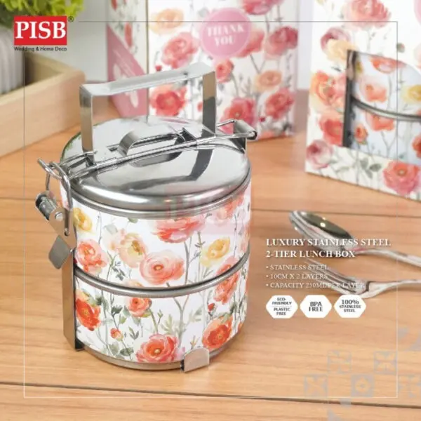 2151 Luxury Stainless Steel 2-Tiers Tiffin Lunch Box Container Doorgift Souvenir Mangkuk Tingkat Bekas Makanan Serbaguna - Image 3