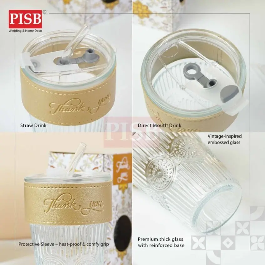 2152 (1Pcs) 460ML Souvenir Straw Mug Glass Heat Cold Resistant Water Bottle Viral Travel Mug Doorgift Mug Cawan Gelas - Image 6