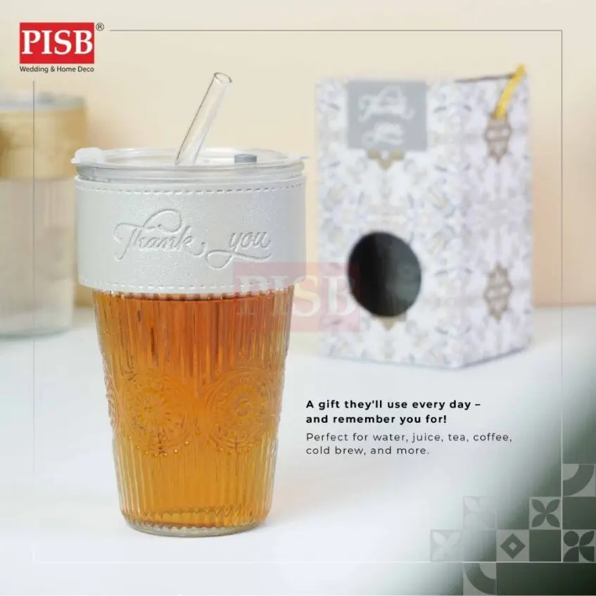 2152 (1Pcs) 460ML Souvenir Straw Mug Glass Heat Cold Resistant Water Bottle Viral Travel Mug Doorgift Mug Cawan Gelas - Image 3