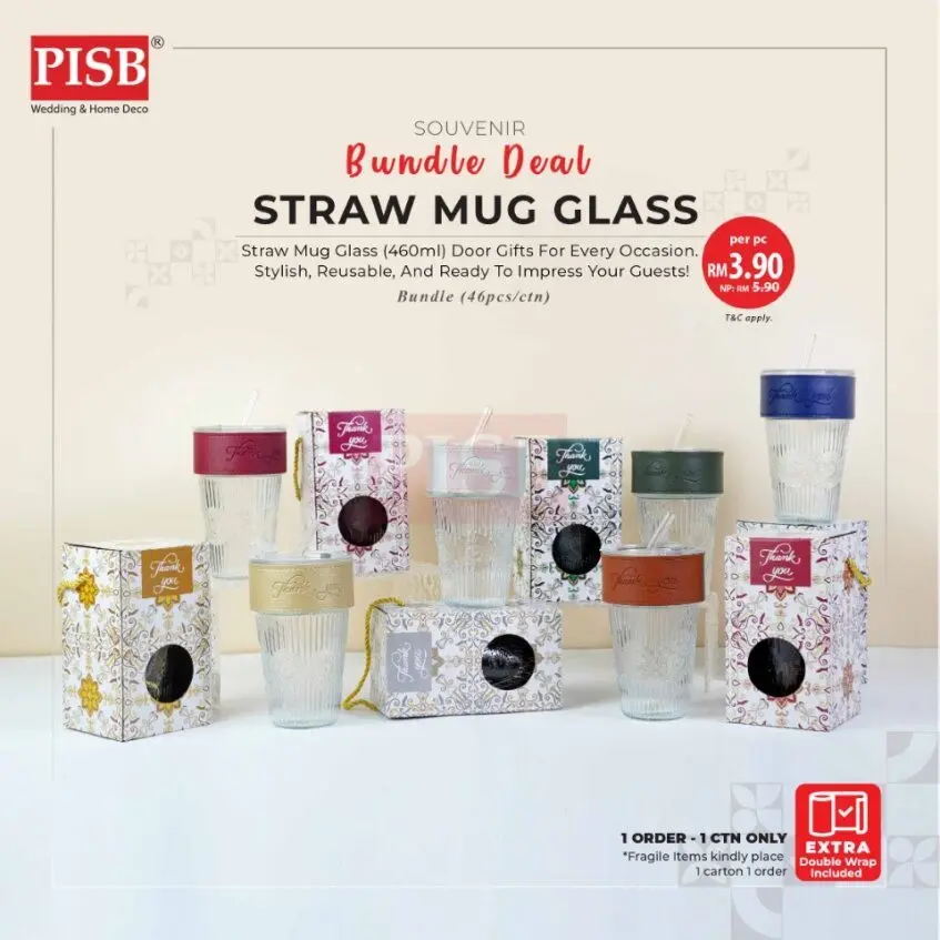 2152(46Pcs/Ctn)460ML Souvenir Straw Mug Glass Heat Cold Resistant Water Bottle Viral Travel Mug Doorgift Mug Cawan Gelas