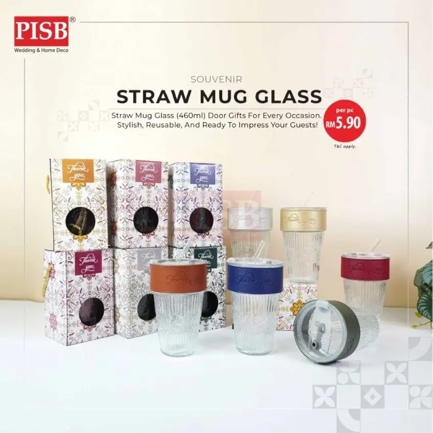 2152 (1Pcs) 460ML Souvenir Straw Mug Glass Heat Cold Resistant Water Bottle Viral Travel Mug Doorgift Mug Cawan Gelas