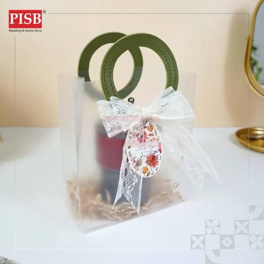 7183/84 (10Pcs/Pkt) Leather Handle PP Bag Transparent Bag Goodies Bag Wedding Plastic Doorgift Beg Wedding Gift Bag - Image 2