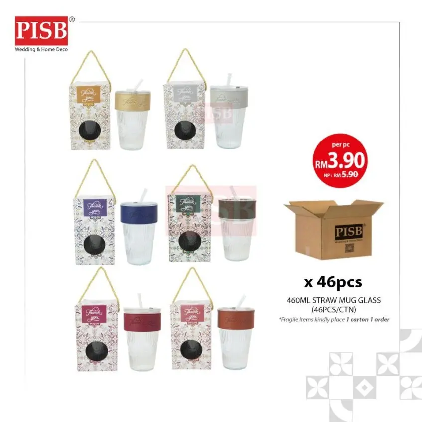 2152(46Pcs/Ctn)460ML Souvenir Straw Mug Glass Heat Cold Resistant Water Bottle Viral Travel Mug Doorgift Mug Cawan Gelas - Image 2