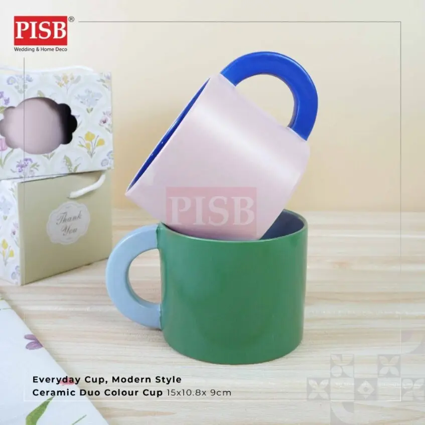 2426 (2Box/Pkt)(Random Colour)Duo Colour Ceramic Cup Set With Printed Handle Box Set Doorgift Souvenir Mug Cawan Murah - Image 3