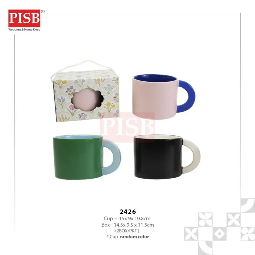 2426 (2Box/Pkt)(Random Colour)Duo Colour Ceramic Cup Set With Printed Handle Box Set Doorgift Souvenir Mug Cawan Murah - Image 2