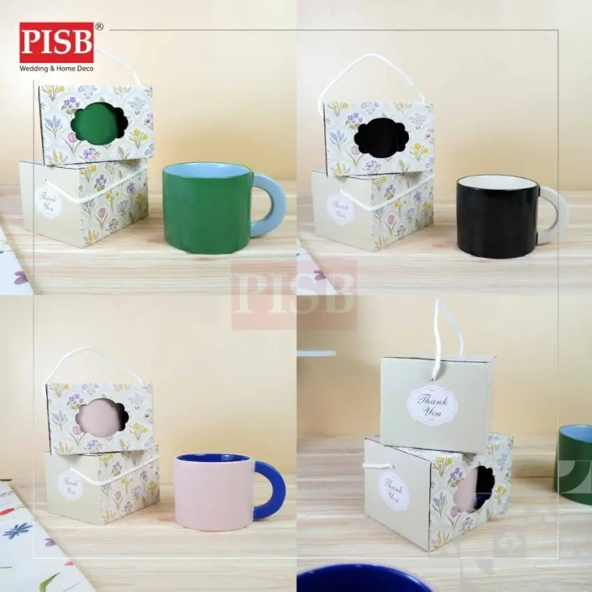 2426 (2Box/Pkt)(Random Colour)Duo Colour Ceramic Cup Set With Printed Handle Box Set Doorgift Souvenir Mug Cawan Murah - Image 8