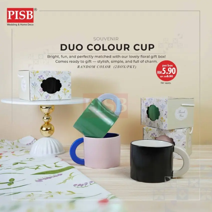 2426 (2Box/Pkt)(Random Colour)Duo Colour Ceramic Cup Set With Printed Handle Box Set Doorgift Souvenir Mug Cawan Murah