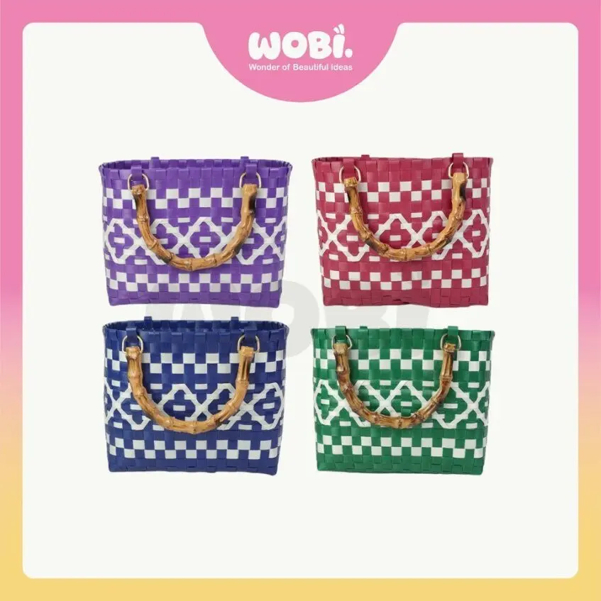 2007 Bamboo Handle Tote Bag Women Bag Shopping Bag Gift Bag Retail Goodies Bag Wedding Birthday Beg Anyaman Warna Warni