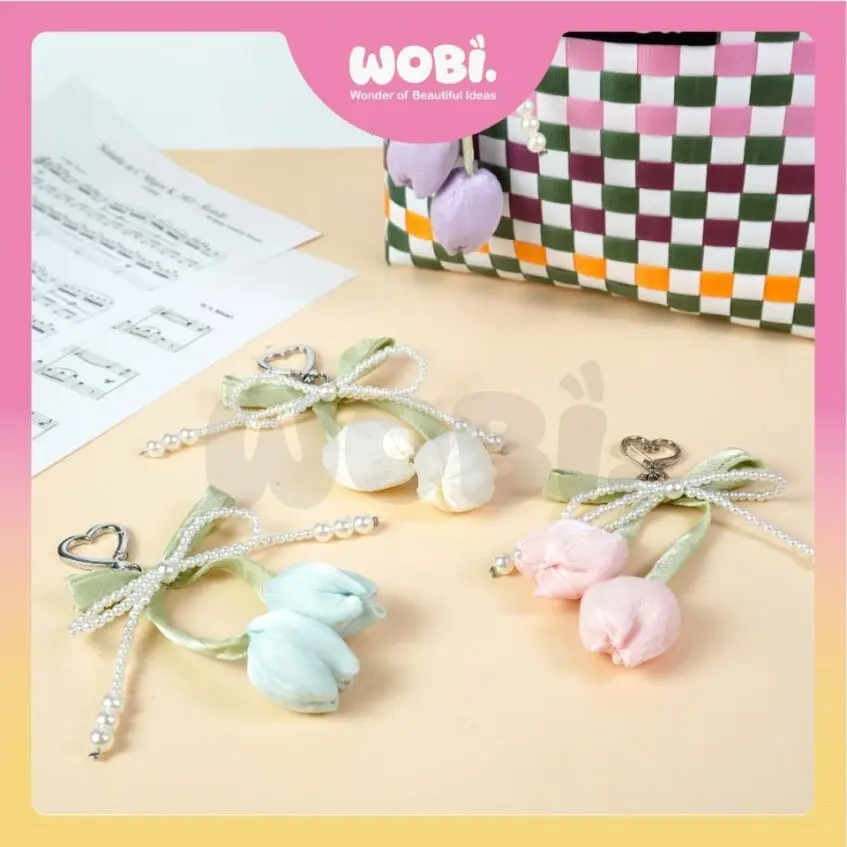 2010 WOBI Tulips Versatile Chain Colourful Fashion Lanyard Sweet Pearl Beaded Bow Keychain Aksesori Beg Pemegang Kunci - Image 2