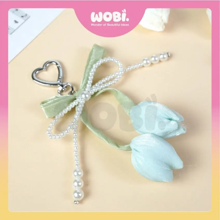 2010 WOBI Tulips Versatile Chain Colourful Fashion Lanyard Sweet Pearl Beaded Bow Keychain Aksesori Beg Pemegang Kunci - Image 3