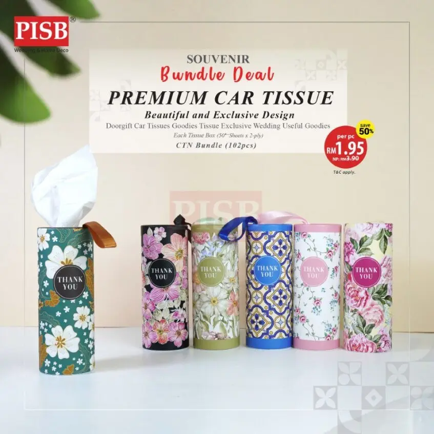 2155(102Pcs/Ctn)Souvenir Premium Floral Car Tissue Facial Tisue Cylinder Tissue Box Tisu Kereta Tisu Kotak Doorgift Tisu