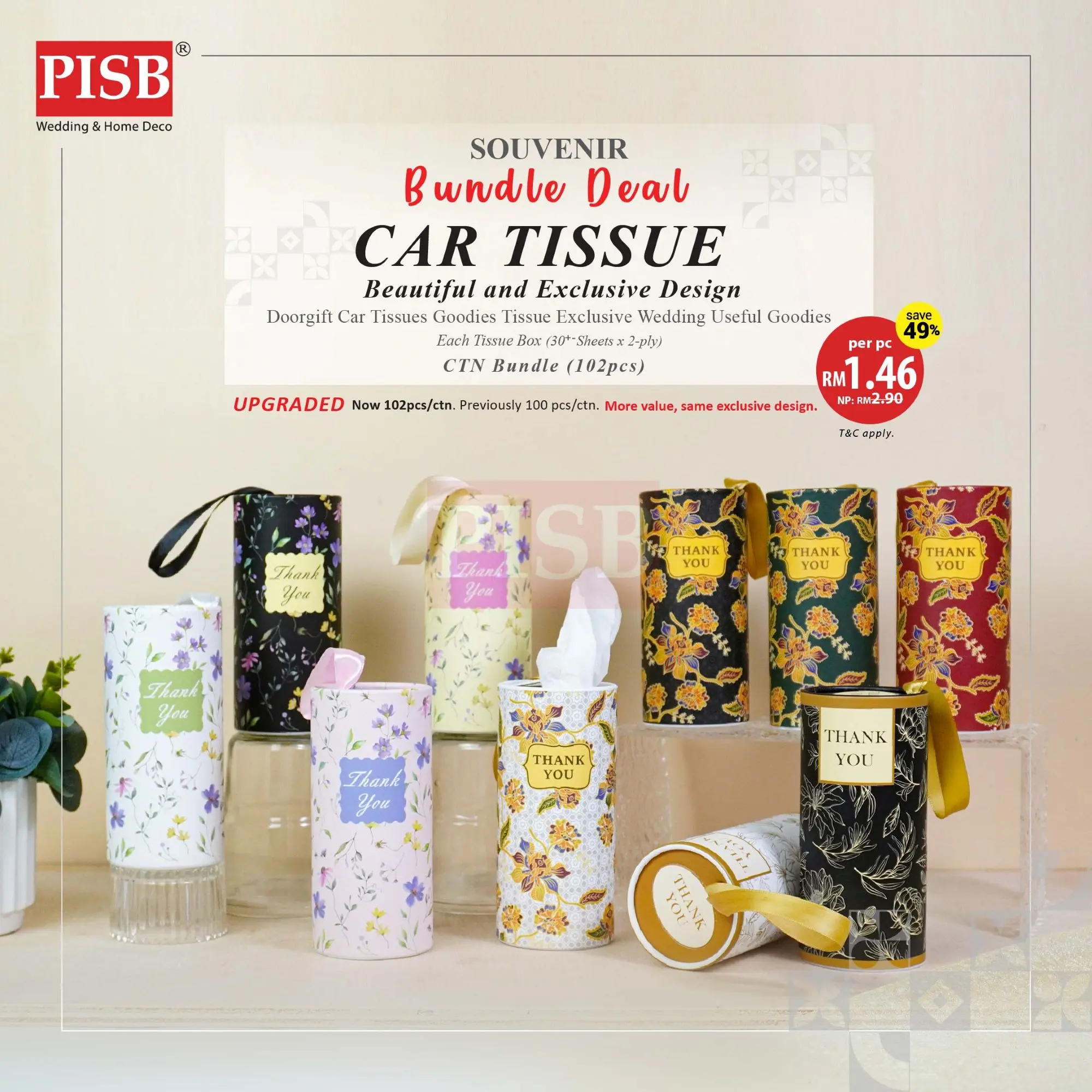 2148(102Pcs/Ctn)Souvenir Floral Batik Car Tissue Facial Tissue Cylinder Tissue Box Tisu Kereta Tisu Kotak Doorgift Tisu