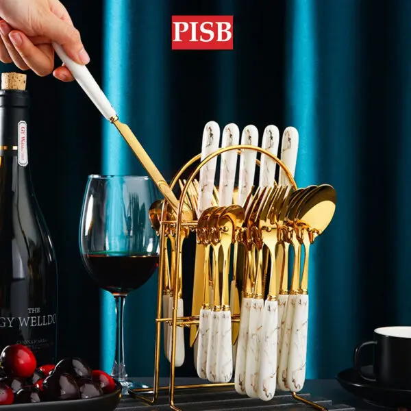 7fb72794f14eebdcca2859df55d61d97-1.jpeg WD1168 24Pcs Stainless Steel Nordic Cutleries Viral Sudu Kayangan Sudu Hotel Dinnerware Set Sudu Spoon Set