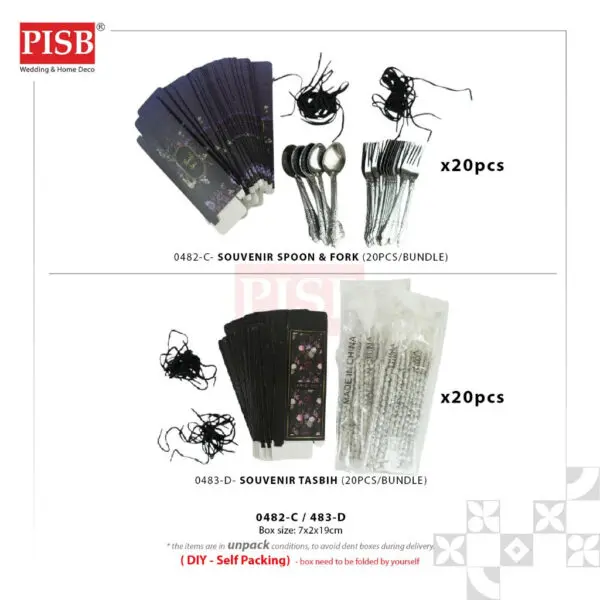 0482(20Pcs/Bundle)Flower Printed Spoon Fork Tasbih Souvenir Door Gift Set With Handle Sudu Garfu Tasbih Wedding Doorgift